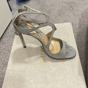 Jimmy Choo Silver Sparkle ankle strap heels 37.5 worn once!